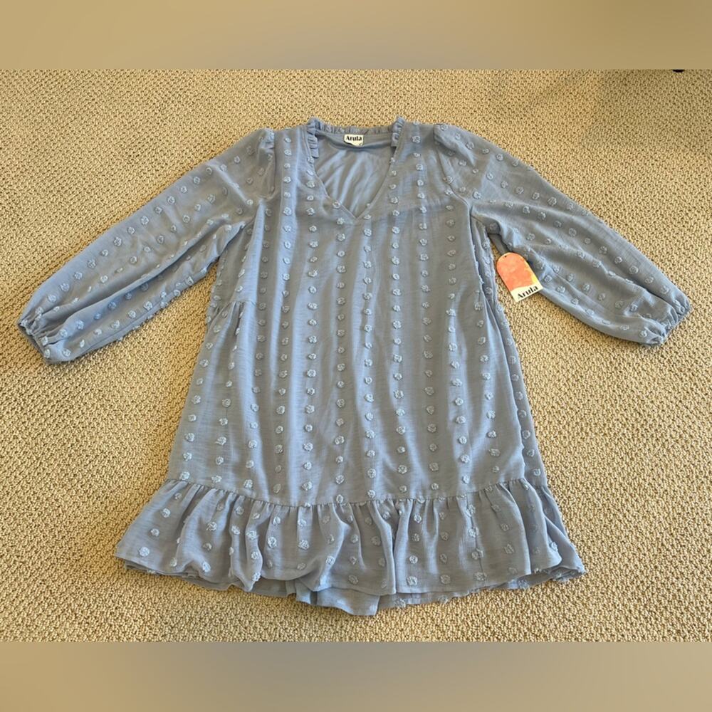 NWT Arula Swiss Dot Vneck Dress, Size A 1X, Dusty Blue, Longsleeve, Short